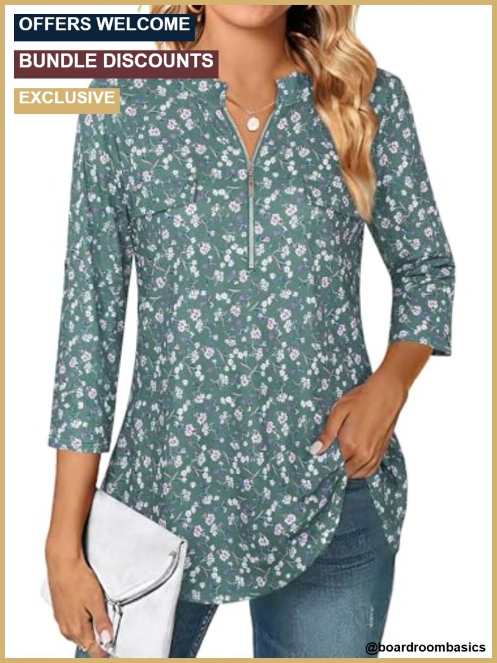 Floral 3/4 Sleeve Zip Up V Neck Blouse Mandarin Collar Business Casual Top